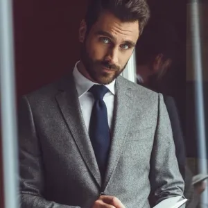 Un homme élégant portant un smoking de mariage gris, proposé par le vendeur Blandin & Delloye, est debout près d