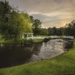 La photo présente un cadre naturel enchanteur idéal pour les mariages, proposé par La Distinction, une salle de réception. On y voit un paisible étang entouré de verdure luxuriante, avec un pont blanc pittoresque traversant l